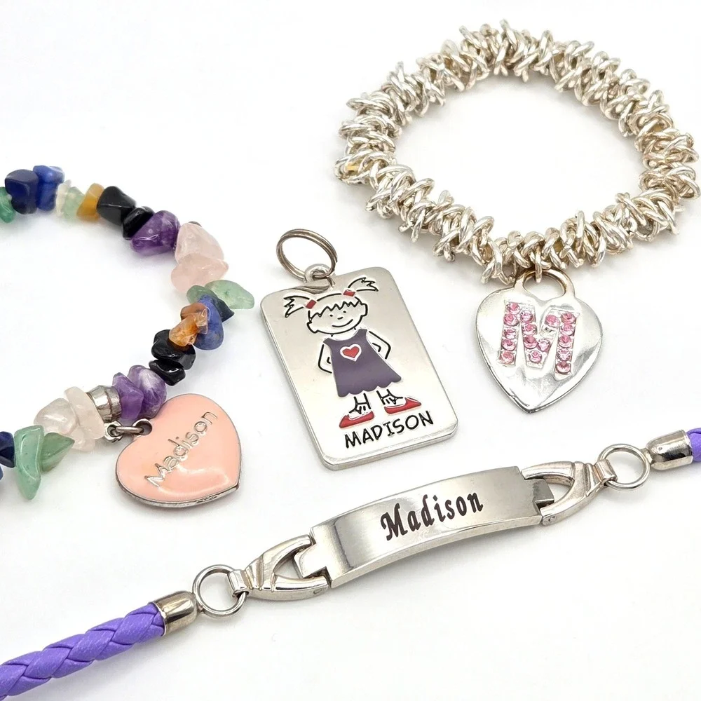 Personalized Name 'Madison' Charm Bracelet Set‎ Girl Silver Tone Gemstone Enamel